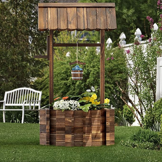 Aoxun Outdoor Wooden Wishing Well Planters with Hanging Bucket, Garden Helper, Rustic Garden Decor for Outside, Yard and Patio, Upgrade - Reinforced Base, Brown