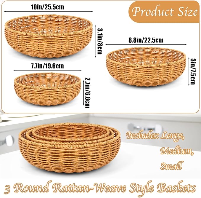 Imitation Wicker Bread Basket, 3 Pack Woven Rattan Basket Round Woven Baskets Woven Breads Baskets For Serving Vegetables, Kitchen, Restaurant, Outdoor, 3 Sizes (Yellow)