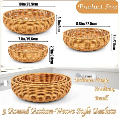 Imitation Wicker Bread Basket, 3 Pack Woven Rattan Basket Round Woven Baskets Woven Breads Baskets For Serving Vegetables, Kitchen, Restaurant, Outdoor, 3 Sizes (Yellow)