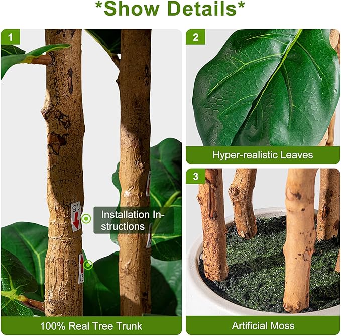 Tall Fake Fiddle Leaf fig Trees Large Artificial ficus Tree Indoor Outdoor Realistic Floor Plant Faux Plastic Plants Flowers for House Home Living Room Office Front Porch Modern Farmhouse Decor