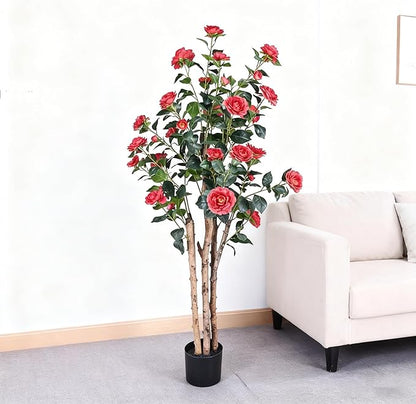 2pc 5ft Decorative Artificial Camellia Tree with Red Flowers, Potted Faux Floral Plant, Realistic Blooming Fake Plants for Indoor Outdoor Home Front Door Planter Decor