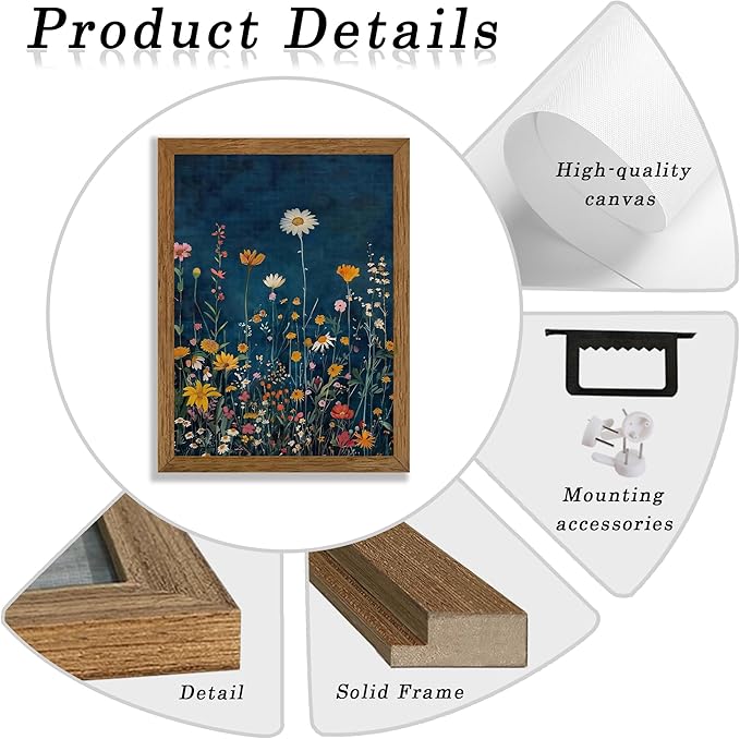 Wojuin Framed Dark Blue Botanical Floral Canvas Wall Art, Rustic Colorful Wildflower Artwork Wall Decor, Vibrant Vintage Flower Painting Prints for Living Room Bedroom Bathroom Office 8x10 in