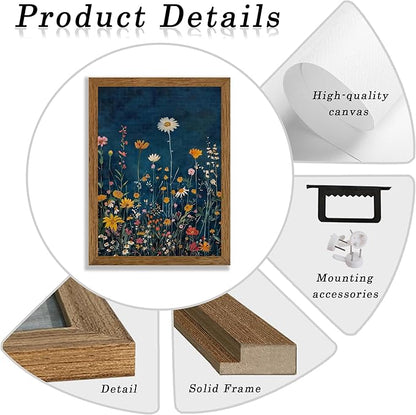 Wojuin Framed Dark Blue Botanical Floral Canvas Wall Art, Rustic Colorful Wildflower Artwork Wall Decor, Vibrant Vintage Flower Painting Prints for Living Room Bedroom Bathroom Office 8x10 in