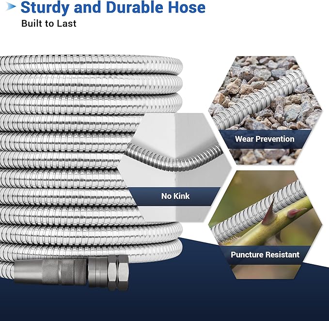 100 FT Stainless Steel Garden Hose – Long Reach 304 Steel Metal Water Hose, No-Kink, Leak-Proof Swivel Fittings, Puncture Resistant, 8-Pattern Nozzle for Large Yards, Driveways, Farm Tasks