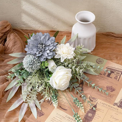Fake Flowers in Vase, Artificial Flowers with Vase, 15.7'' Floral Arrangements for Dining Table Centerpiece Decor, Silk Roses & Faux Dahlia Bouquet for Farmfouse Kitchen Coffee Table Decor (Blue)