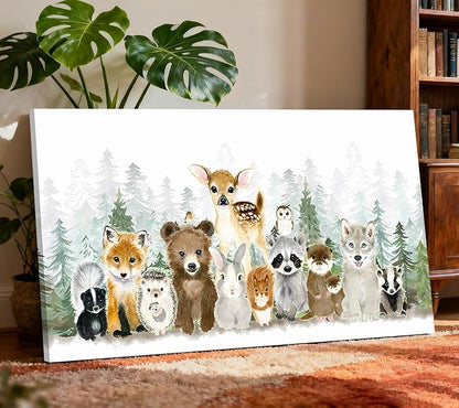 Woodland Animal Nursery Canvas Wall Art Watercolor Forest Baby Animal Painting Picture Nursery Wall Decor Fox Bear Deer Poster Print for Boys Room Girls Room Home Decoration 24 x 12 Frame