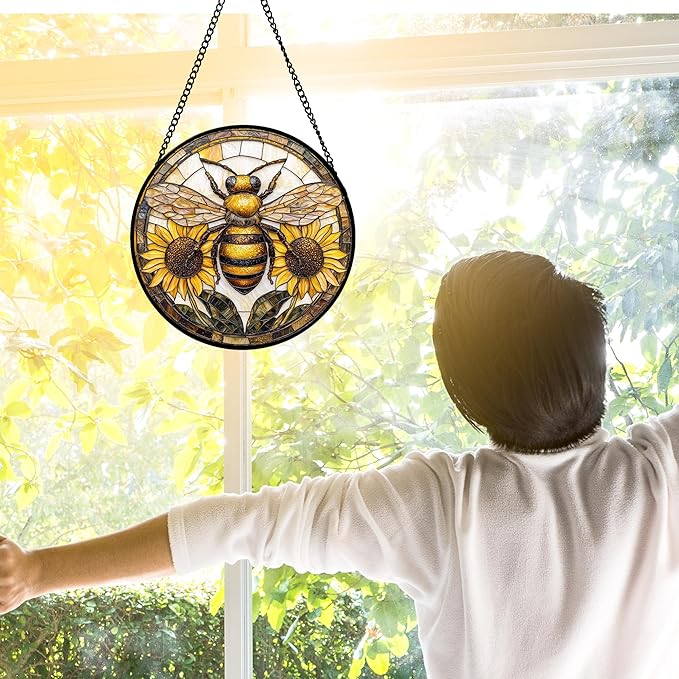 Stained Glass Window Hanging - Bee Sunflower Yellow Suncatcher Ready to Hang Window Doors Home Decoration and Christmas, Mother's Day Birthday Gifts for Women, Men, and Mom 6.3x6.3 in