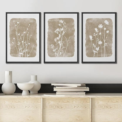 Ashbrook Framed Canvas Print Wall Art Set Vintage Country Farmhouse Flower Silhouette Nature Wilderness Illustrations Floral Botanical Minimal Calm/Relax/Cozy for Bedroom - 16"x24"x3 BLACK