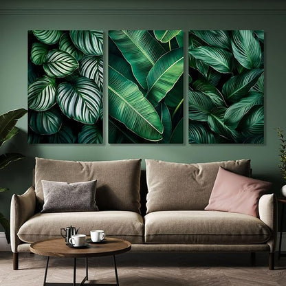 Emerald Green Leaf 3-Piece Canvas Wall Art – Nature-Inspired Tropical Plant Print for Living Room, Bedroom & Office – Modern Botanical Décor, Ready to Hang (12" x 18" x 3 pcs)