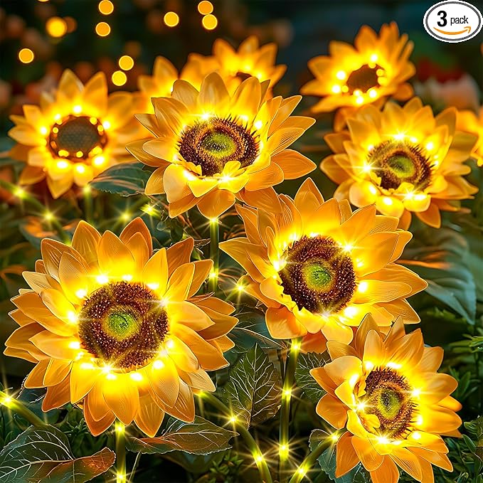 Sunflower Solar Lights Outdoor Decor: 3-Pack Artificial LED Solar Garden Lights with 3 Blooms Each - Waterproof Flower Lamp for Pathways Patio Yard Walkway Decorations for Women 2025