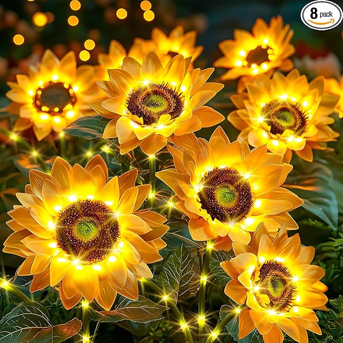 Sunflower Solar Lights Garden Decor: 8-Pack Artificial LED Solar Flower Lights Outdoor Decorations- Waterproof Decorative Light for Walkway Patio Yard Pathway - Spring Gardening Gifts for Women Mom