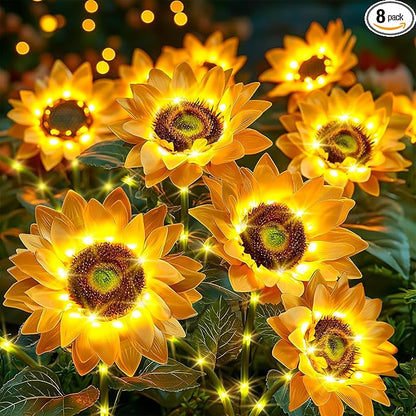 Sunflower Solar Lights Garden Decor: 8-Pack Artificial LED Solar Flower Lights Outdoor Decorations- Waterproof Decorative Light for Walkway Patio Yard Pathway - Spring Gardening Gifts for Women Mom