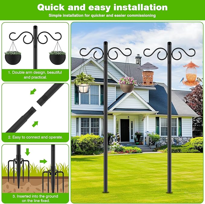 Double Shepherds Hooks for Outdoor,2 Pack 70 Inch Bird Feeder Pole with 5 Prongs Base,Heavy Duty Shepherds Hook,Suitable for Garden in Hanging Flower Basket,Lantern,Bird Nests (2 Pack 70 inch)