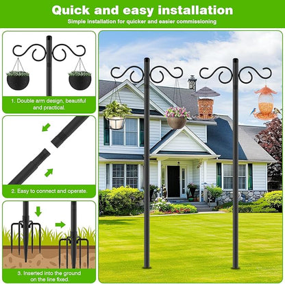 Double Shepherds Hooks for Outdoor,2 Pack 70 Inch Bird Feeder Pole with 5 Prongs Base,Heavy Duty Shepherds Hook,Suitable for Garden in Hanging Flower Basket,Lantern,Bird Nests (2 Pack 70 inch)