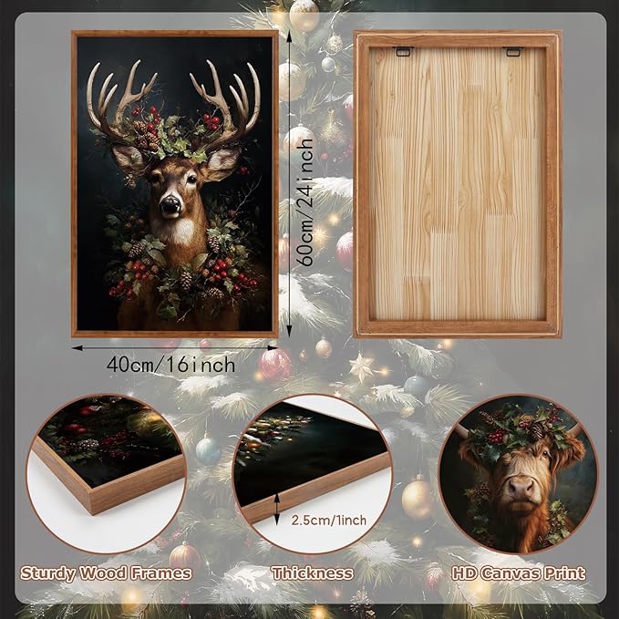 HLNIUC Dark Christmas Framed Wall Art Set,Vintage Christmas Highland Cow Canvas Wall Decorations,Modern Xmas Tree Reindeer Painting,Festive Winter Canvas Art Print for Living Room Office-16 x24 x3