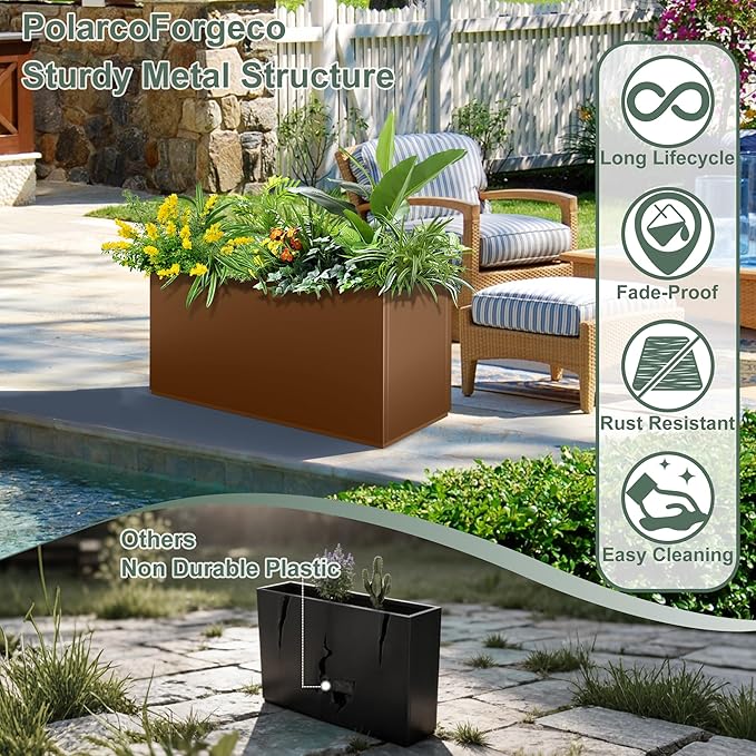 Tall Rectangular Planter Box, Metal Large Planters for Outdoor Plants, Flowers, with Drainage Holes (30" L x 12" W x 24" H, Brown)