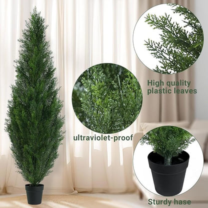 5FT Artificial Topiary Cedar Tree with Pot, Fake Cedar Plant for Indoor Outdoor Décor, UV Resistant Faux Evergreen Tree for Home, Garden, Porch, Office, Artificial Christmas Tree Alternative,2Pack