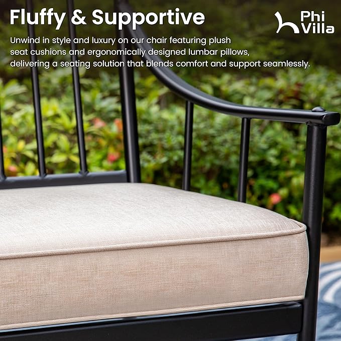 PHI VILLA 7 Pieces Outdoor Dining Set for 6, 84" Long Expandable Metal Table & Heavy-Duty Wrought Iron Chairs with Cushions, Large Furniture Set for Patio, Deck, Yard, Porch - Black