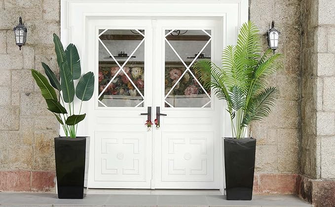 GarveeLife 30 in Tall Planters Set of 2, Outdoor＆Indoor Black Planter Pots, High Front Porch Planter Pots With Drainage Holes＆Water Level Monitor Movable Wheels ＆Inner Bucket, Automatic Watering,Black