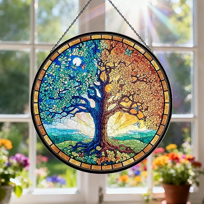 Tree of Life Stained Glass Window Hanging, 7.9" Sun Catcher Panel Boho Wall Art Decor with Chain, Hand Painted Round Glass Gifts for Couples, Housewarming Gift