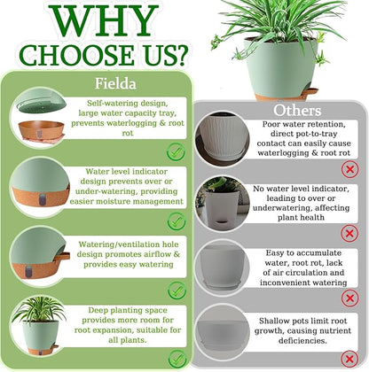 2 Pack 8 Inch Pots for Plants Indoor, Plastic Self Watering Planters with Drainage Holes, Water Level Indicator & Deep Reservoir, Decorative Flower Pots Indoor Outdoor Use (Green