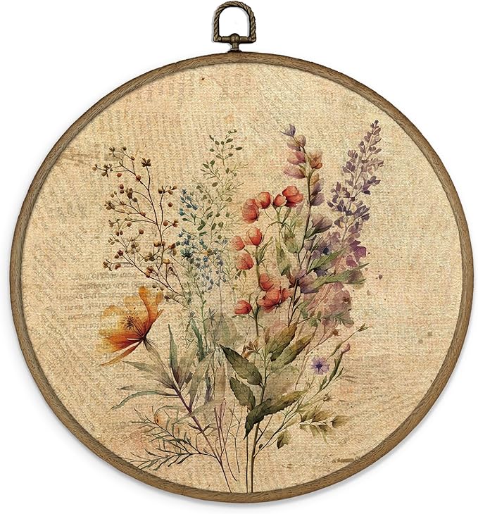 MAQIKA Boho Floral Framed Wall Art Decor, Vintage Floral Wall Art, Retro Wildflower Round Wall Hanging Decor, Framhouse Botanical Canvas Prints Wall Art for Bathroom Nursery Living Room, 10x10 Inch