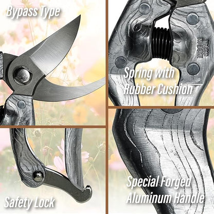 SUIZAN Bypass Pruning Shears 8.3” Plus Forged Aluminum Handle - Professional Japanese Hand Pruners Garden Scissors Gardening Tools