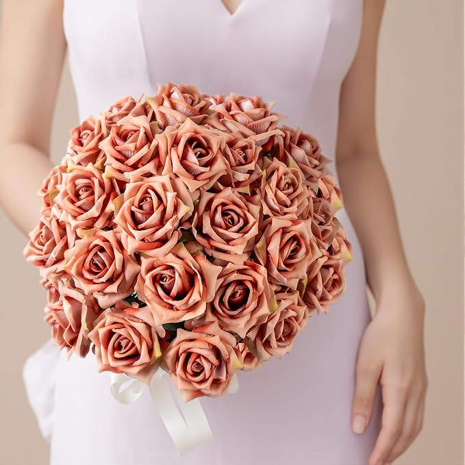 Fake Roses Faux Flowers Silk Roses Artificial Roses with Stems Realistic Artificial Flowers Suitable for Indoor Home Decoration Diy Bouquet Wedding Decoration Party Decor 24PCS Khaki 16.5In