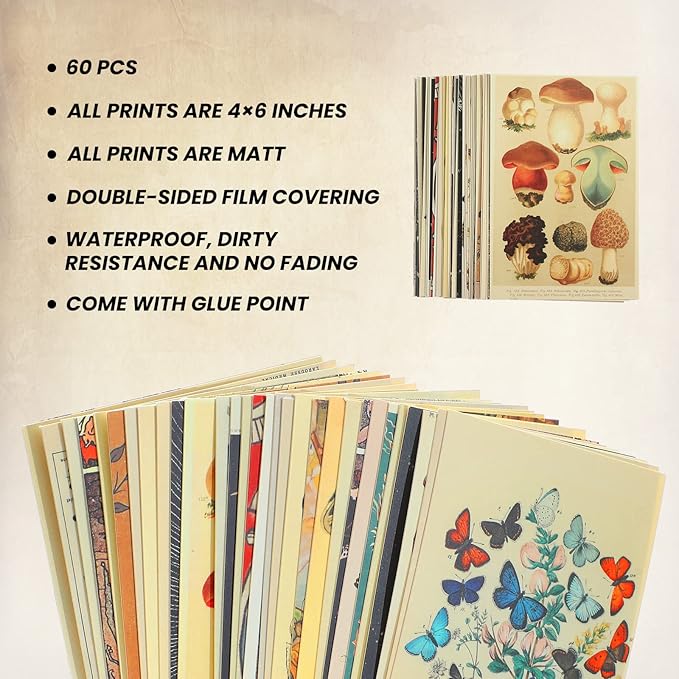 Containlol 60 Pcs Vintage Wall Collage Kit Maximalist Paintings Art Prints Botanical Illustration Tarot Aesthetic Vintage Prints Cards Photo Wall Collection Aesthetic Collage Dorm Bedroom Decor