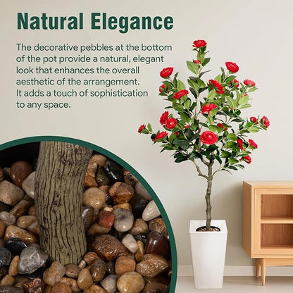 Artificial Camellia Tree 5FT, Red Flower Tree in White Pot, Faux Outdoor Indoor Plant, Christmas,Potted Artificial Flower for Home Office Housewarming Porch Decor (61'' Height)