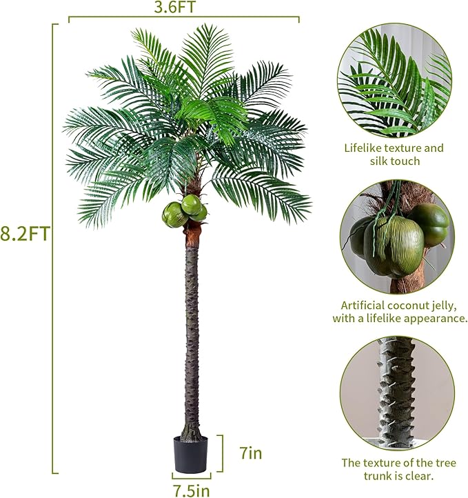 8.2FT Artificial Phoenix Palm Tree with Coconut Fruit Artificial Plants Indoor Outdoor Large Faux Coconut Palm Tree Tropical Fake Palm Plant for Modern Farmhouse Yard Outside Patio Poolside