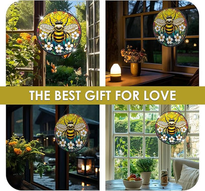Bee Sunflower Stained Glass Window Hanging, 7.9" Vintage Bee Yellow Flower Sun Catcher for Window Door Home Decor, Bumblebee Suncatcher Christmas Birthday Gifts for Women Friends