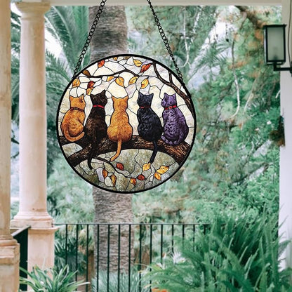 Stained Glass Window Hanging - 5 Cats on a Branch Suncatcher for Window Doors Home Decoration and Christmas, Mother's Day Father's Day Birthday Gifts for Women, Men, and Mom 7.8x7.8 in