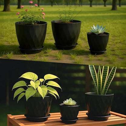 8/7/6/5/4 Inch Plant Pots with Drainage Holes, Setof 5 Plastic Planters for Indoor Outdoor Plants,Indoor Flower Pots, Nursery Planting Pot for Garden OfficeHome Decor(Black, 8/7/6/5/4)