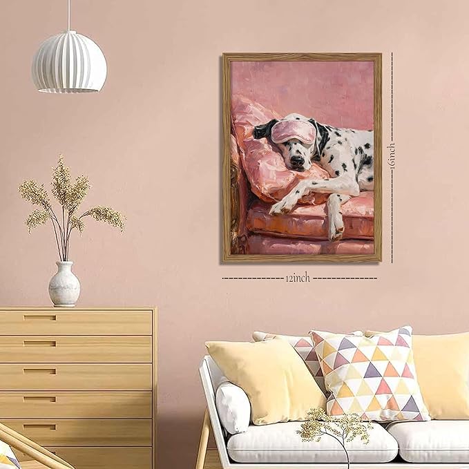 Vintage Framed Dalmatian Wall Art, Cute Dog Canvas Prints Home Decor, Pink Aesthetic Oil Painting, Dalmatian in Sleep Mask Picture Wall Decor for Bedroom Living Room Dormitory – 12x16 inch