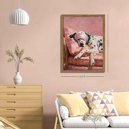 Vintage Framed Dalmatian Wall Art, Cute Dog Canvas Prints Home Decor, Pink Aesthetic Oil Painting, Dalmatian in Sleep Mask Picture Wall Decor for Bedroom Living Room Dormitory – 12x16 inch