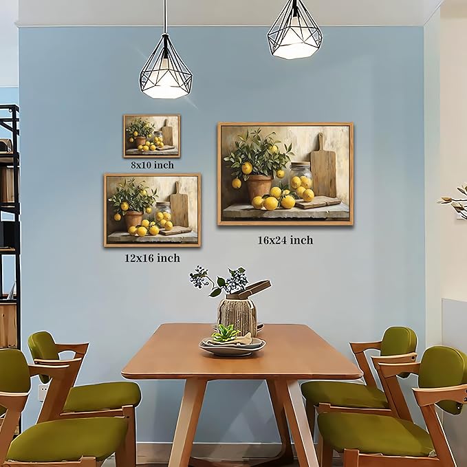 Floating Framed Vintage Kitchen Wall Art, Yellow Lemon Still Life Wall Decor Oil Paintings, Rustic Farmhouse Artwork Canvas Posters Prints Pictures for Living Room Bedroom Home Decor 16x24 Inch