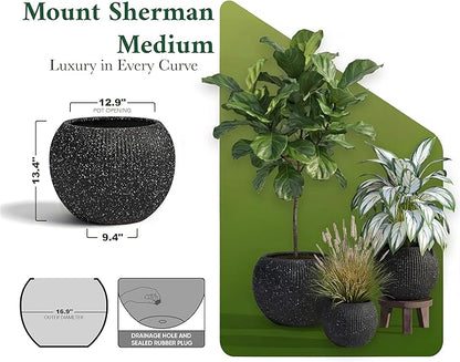 DTY Signature Mount Sherman Modern Indoor Outdoor Fiberstone Sphere Planter, Durable Round Garden Pot, Weather Resistant, Drainage Hole & Rubber Plug,Planter for Christmas Tree (Ribbed Black, Medium)