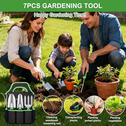 Yesker Gardening Tools 7-Piece Heavy Duty Garden Tool Set Gardening Supplies Gifts for Women Men Gardening Hand Tool Kit with Non-Slip Ergonomic Handle, Durable Garden Bag, Pruning Shears, Black Green