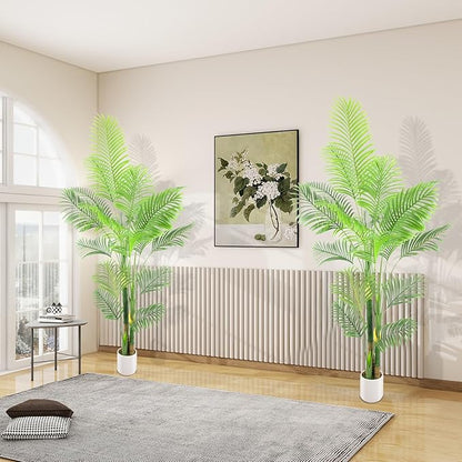 Artificial Fake Palm Tree 7FT 2Pack with White Planter & Free Moss, UV Resistant Artificial Palm Tree for Outdoors, Fake Plants for Poolside Home Room Decor, Faux Plants Outdoor Decor