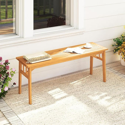 Tangkula Outdoor Acacia Wood Bench, 48” Patio Dining Bench with Slatted Seat, Backless Wooden Entryway Bench, Farmhouse Indoor Outdoor Furniture for Garden, Poolside, Park & Deck