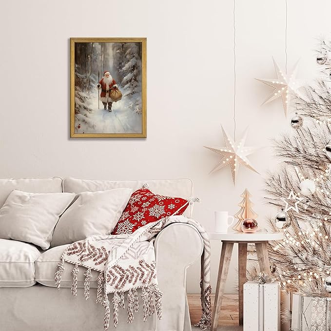 Christmas Wall Art, Vintage Santa Claus Wall Decor, Santa Claus Is Coming To Town Painting Artwork Canvas Prints, Country Winter Christmas Holiday Poster Pictures for Home Bedroom 12x16 Inch Framed