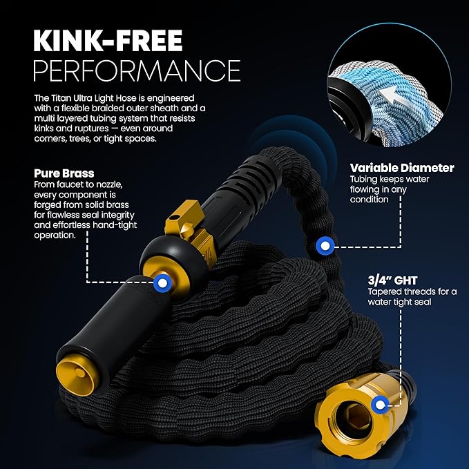 TITAN Flexible Garden Hose 100FT – Ultra Lightweight, Heavy Duty Water Hose with Brass Fittings & Jet Nozzle – Kink-Free, Non-Expanding, Durable Fabric Hose for Yard, Lawn, Car Wash, Outdoor Use