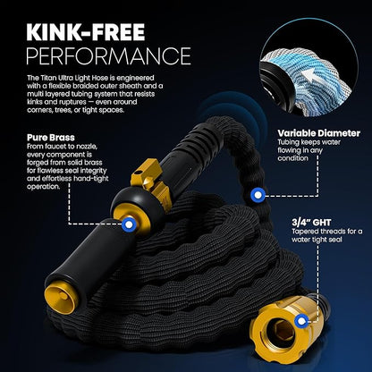TITAN Flexible Garden Hose 15FT – Ultra Lightweight, Heavy Duty Water Hose with Brass Fittings & Jet Nozzle – Kink-Free, Non-Expanding, Durable Fabric Hose for Yard, Lawn, Car Wash, Outdoor Use