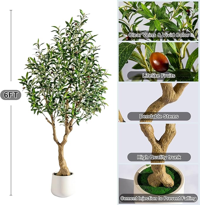 6FT Faux Olive Tree with Tall Exquisite Planter Artificial Olive Tree Tall, Potted Fake Olive Plant with 1260 Real Touch Leaves, Indoor Outdoor Home Garden Office Decor