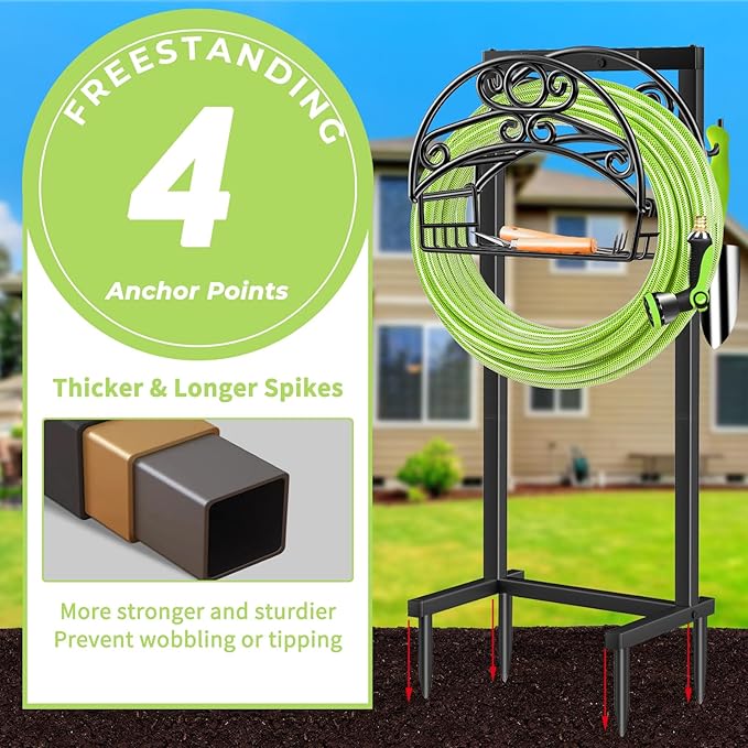 TomCare Garden Hose Holder Upgraded Water Hose Holder with Storage Basket Heavy Duty 4 Spikes Hose Hanger Holds 160 Feet Hoses Stable Freestanding Hose Storage Organizer for Outside Yard