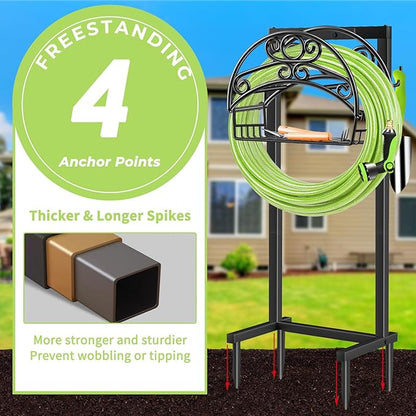 TomCare Garden Hose Holder Upgraded Water Hose Holder with Storage Basket Heavy Duty 4 Spikes Hose Hanger Holds 160 Feet Hoses Stable Freestanding Hose Storage Organizer for Outside Yard