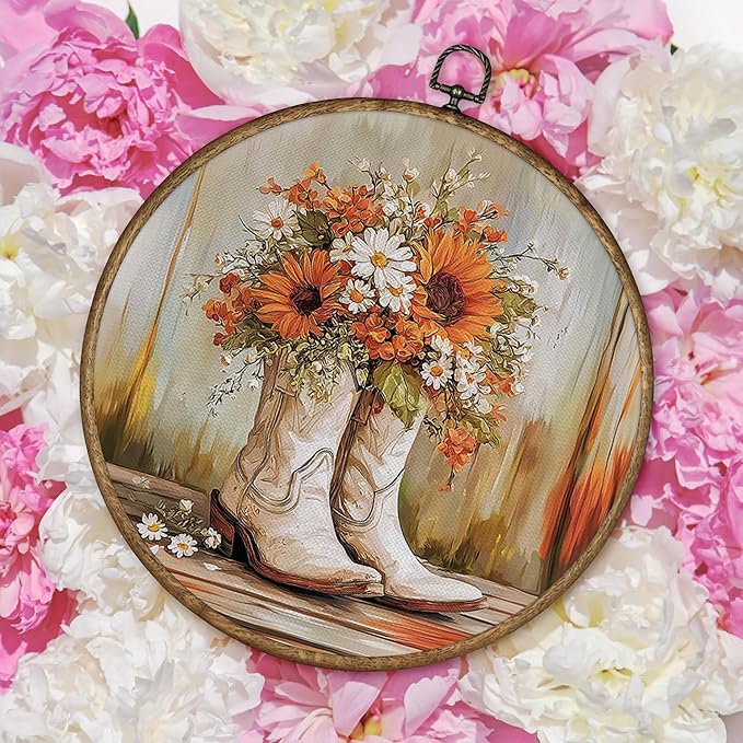 TLESKE Orange Western Cowgirl Round Wall Art Framed 10x10, Fall Sunflower Canvas Wall Art Prints Artwork, Preppy Autumn Wall Hanging Room Door Decor Decorations for Bedroom Living Room