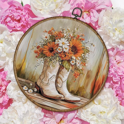 TLESKE Orange Western Cowgirl Round Wall Art Framed 10x10, Fall Sunflower Canvas Wall Art Prints Artwork, Preppy Autumn Wall Hanging Room Door Decor Decorations for Bedroom Living Room