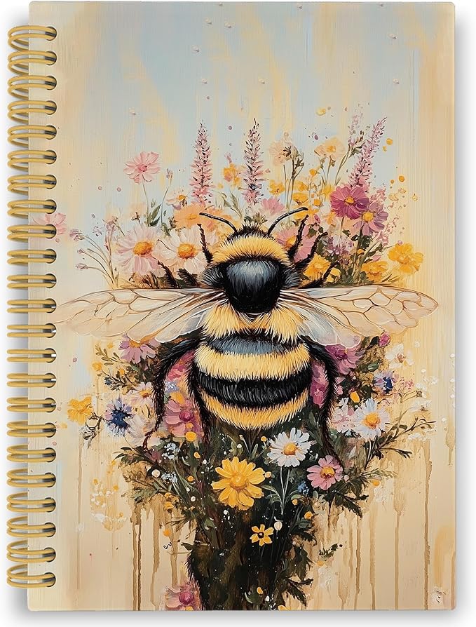 Vintage Bee Spiral Notebook, Retro Animal Bumble Honeybee Journaling Notebooks Gift for Teacher Student Women, Spring Flower Plant Hardcover Journals for School Office, 160 Pages 5.5 x 8.3 Inch